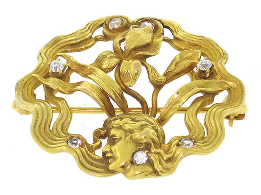 Art Nouveau Diamond Brooch in 14K Yellow Gold