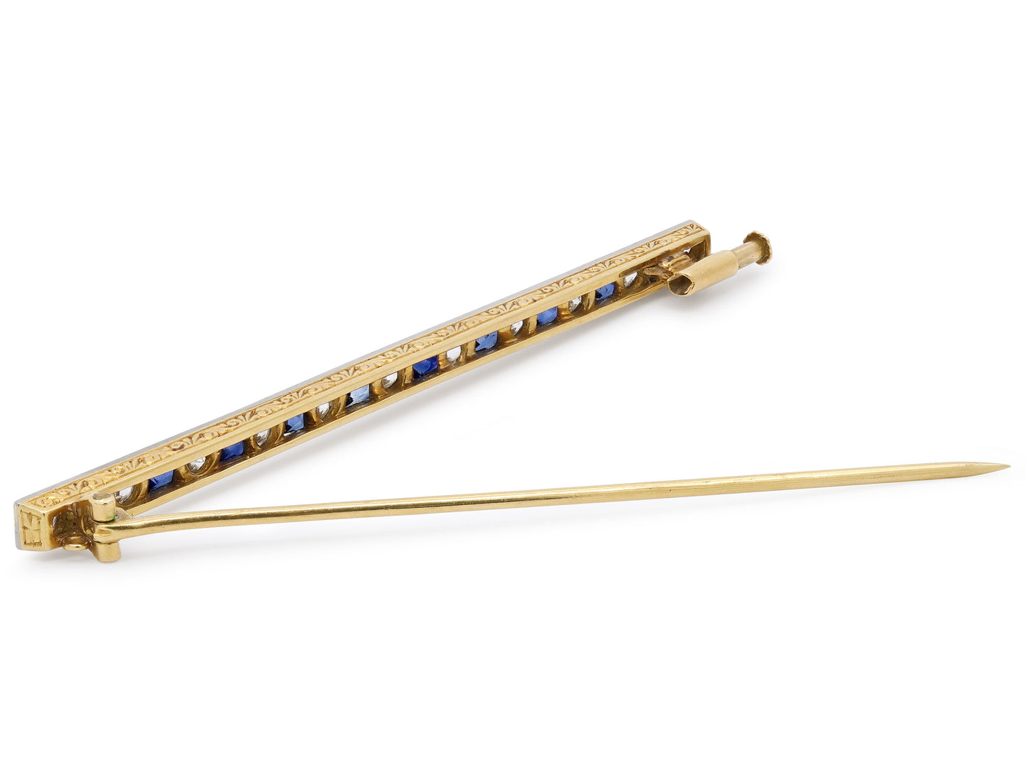 Antique Edwardian Diamond and Sapphire Bar Brooch in 18K Gold