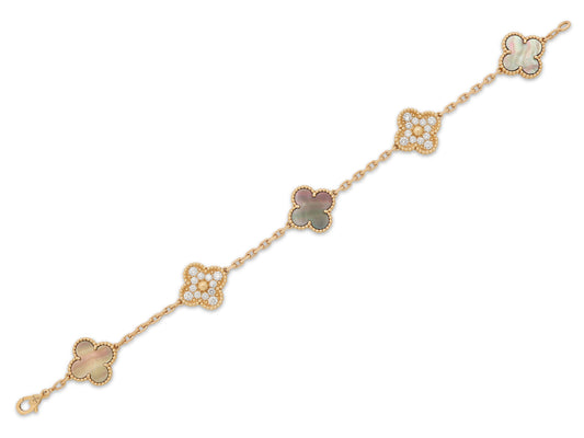 Van Cleef & Arpels 'Vintage Alhambra' Diamond and Mother-Of-Pearl Bracelet, 5 Motifs, in 18K Rose Gold