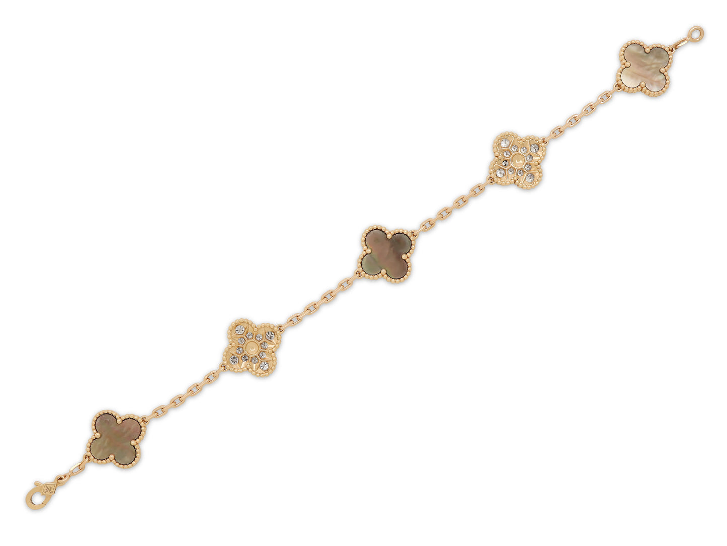 Van Cleef & Arpels 'Vintage Alhambra' Diamond and Mother-Of-Pearl Bracelet, 5 Motifs, in 18K Rose Gold