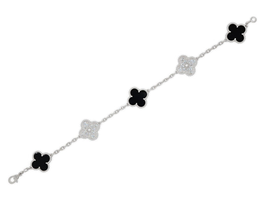 Van Cleef & Arpels 'Vintage Alhambra' Diamond and Onyx Bracelet, 5 Motifs, in 18K White Gold