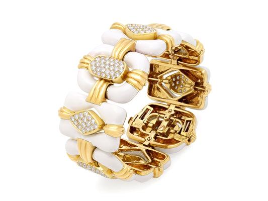 David Webb Diamond and White Enamel Bracelet in 18K Gold
