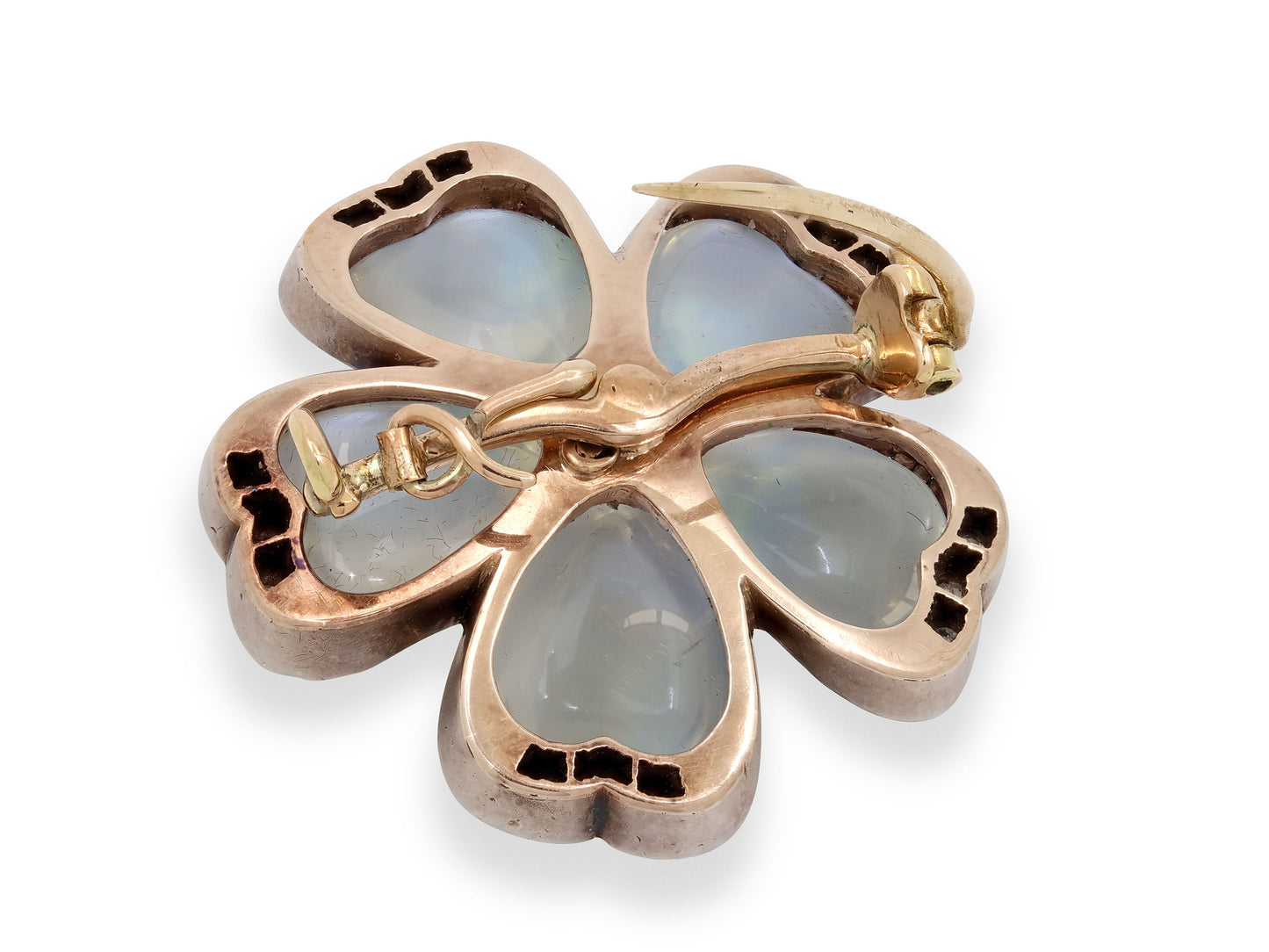 Antique Victorian Moonstone and Diamond Flower Brooch in Silver over Gold