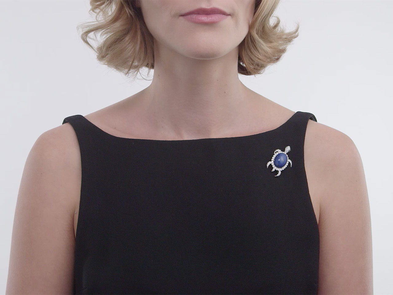 Mid-Century Lapis Turtle Brooch with Diamonds in 14K White Gold