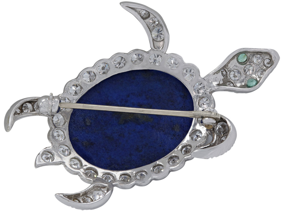 Lapis turtle brooch with diamonds and emerald eyes