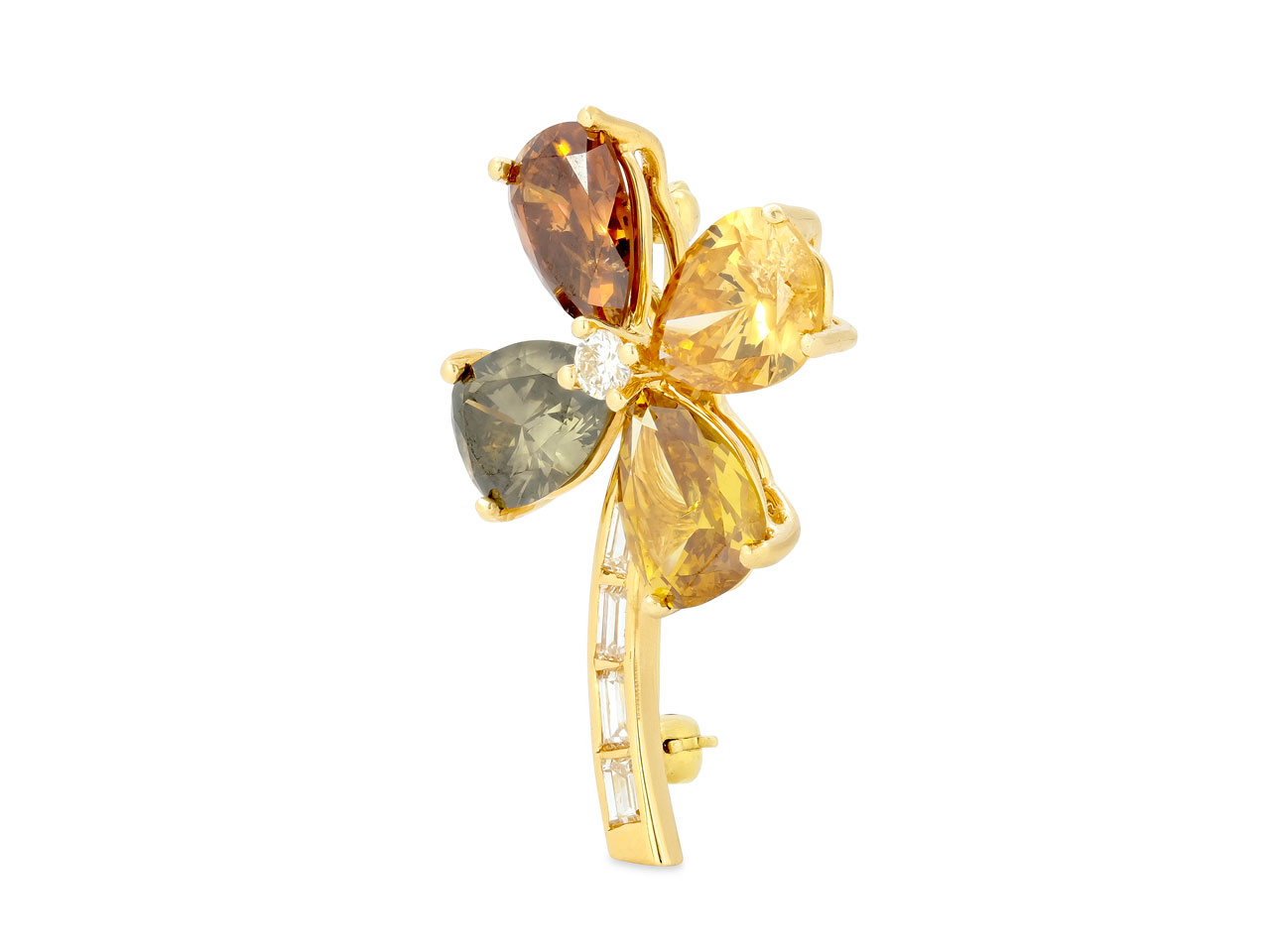 Fancy Yellow and Cognac Diamond Four Leaf Clover Brooch in 18K Gold