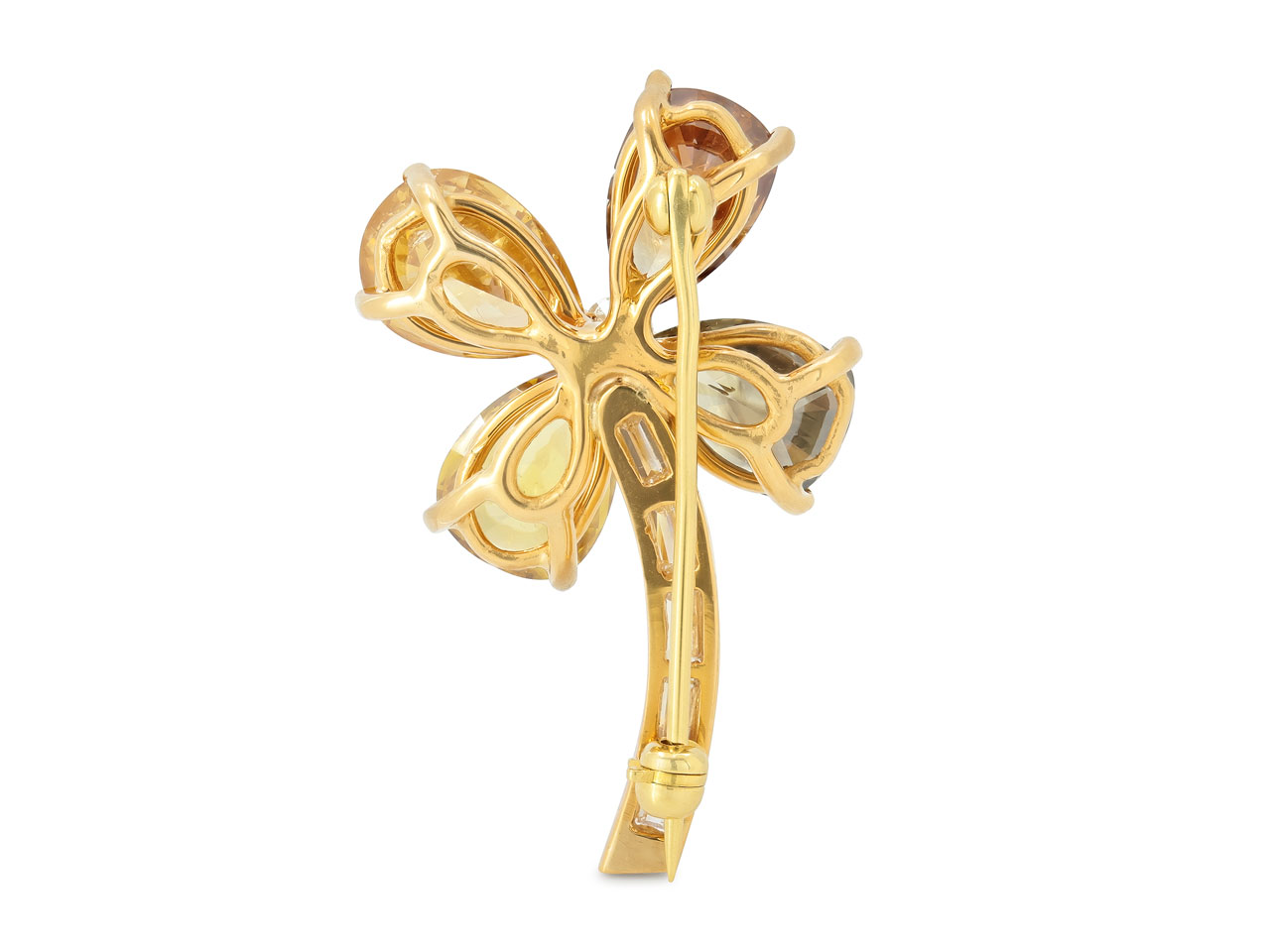 Fancy Yellow and Cognac Diamond Four Leaf Clover Brooch in 18K Gold