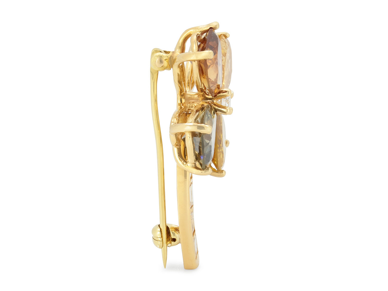 Fancy Yellow and Cognac Diamond Four Leaf Clover Brooch in 18K Gold