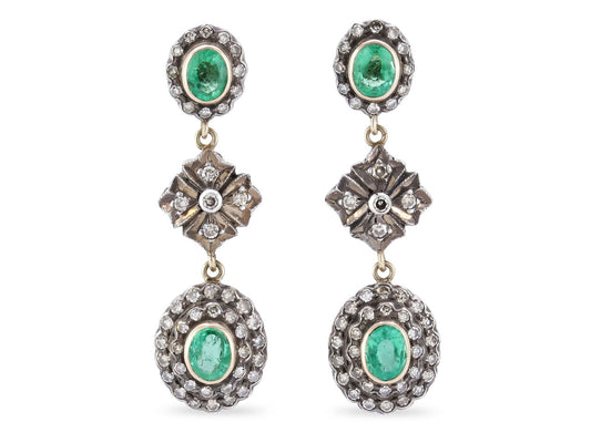 Emerald and Diamond Earrings in Silver over 18K Gold