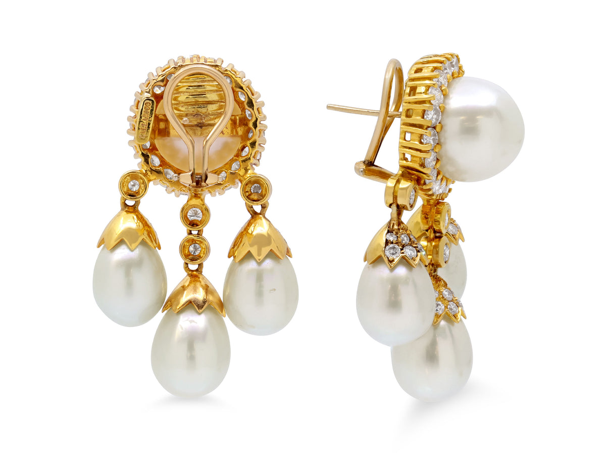 South Sea Pearl and Diamond Earrings in 18K by Beladora, vintage gold girandole earrings with round pearls, diamond accents, and three pearl drops