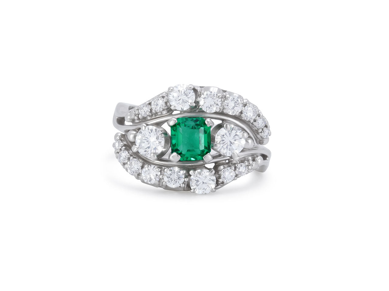 Mid-Century Jabel Emerald and Diamond Ring in Platinum