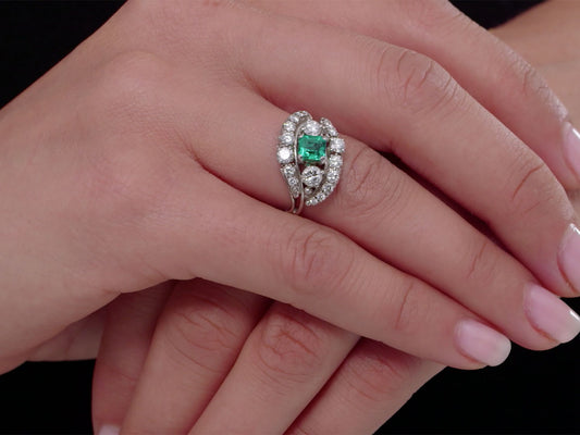 Mid-Century Jabel Emerald and Diamond Ring in Platinum