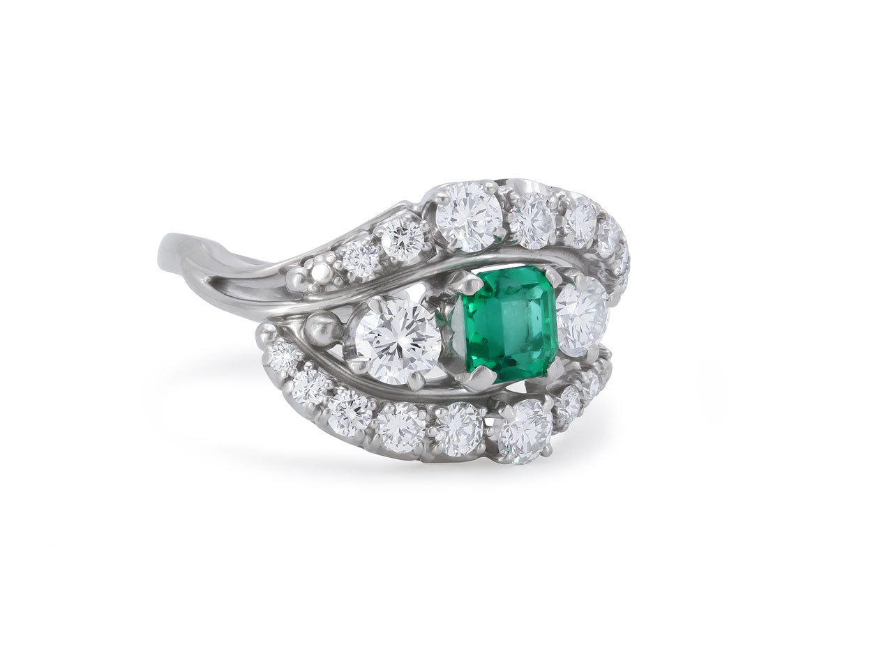 Mid-Century Jabel Emerald and Diamond Ring in Platinum