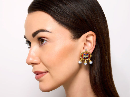Elizabeth Gage African Queen Enamel and Pearl Earrings in 18K