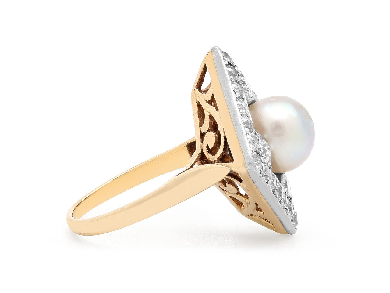 Antique Edwardian Natural Pearl and Diamond Ring in 14K Gold and Platinum