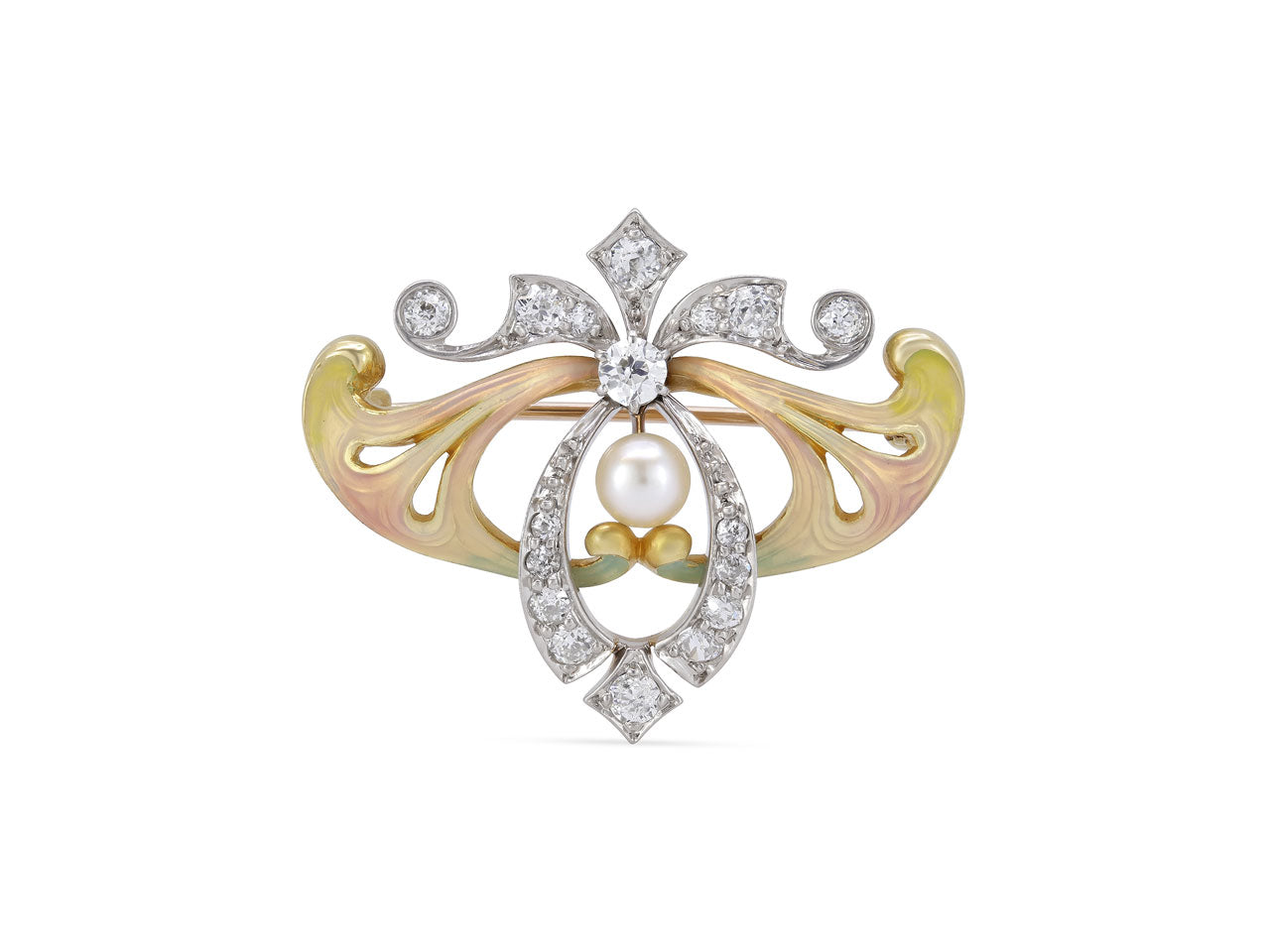 Antique Art Nouveau Enamel, Diamond and Natural Pearl Brooch/Pendant in 14K