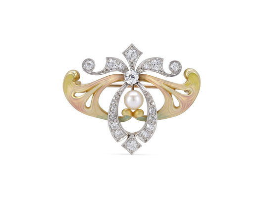 Antique Art Nouveau Enamel, Diamond and Natural Pearl Brooch/Pendant in 14K