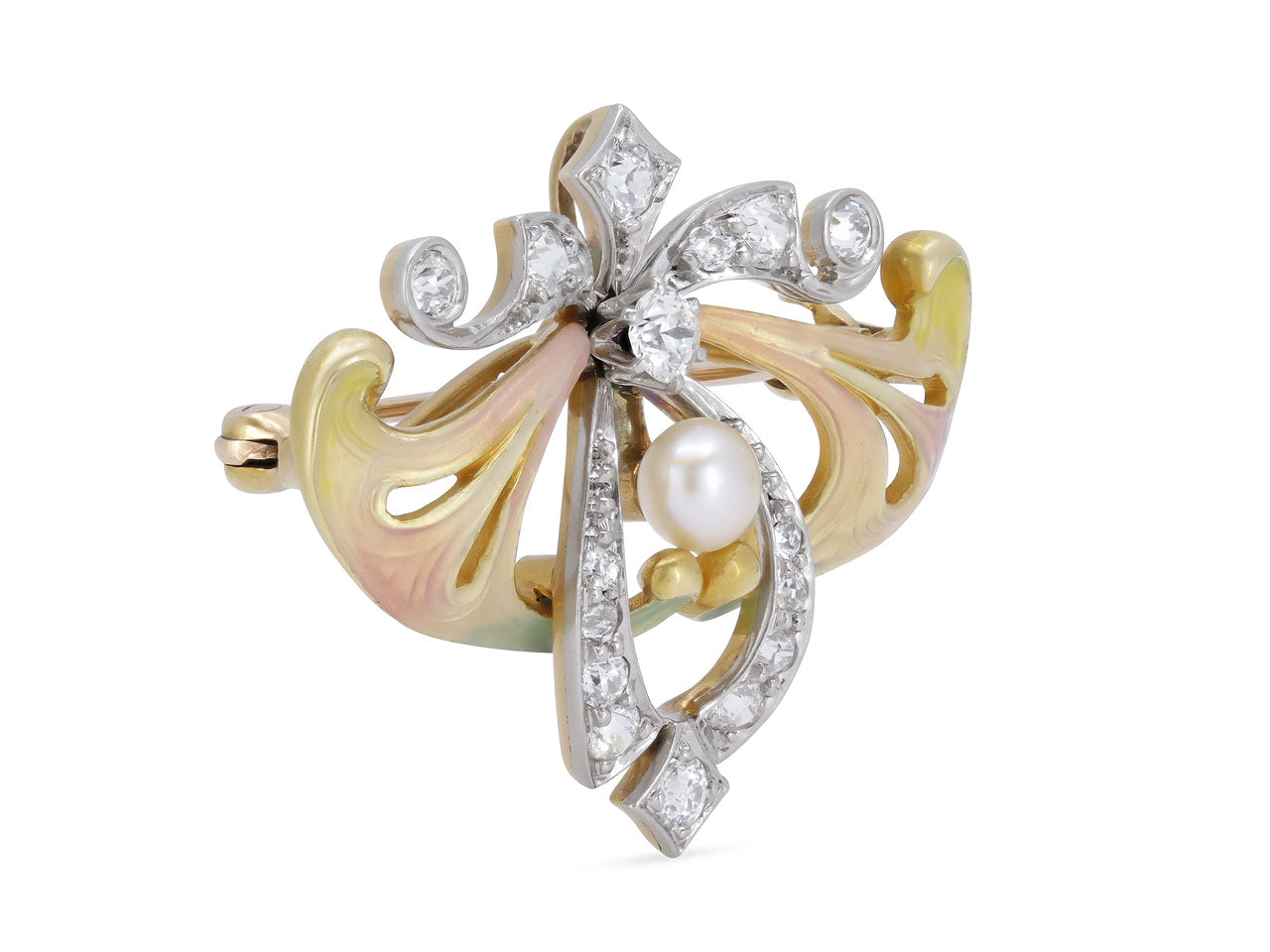 Antique Art Nouveau Enamel, Diamond and Natural Pearl Brooch/Pendant in 14K