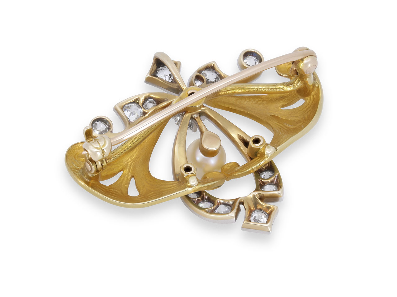 Antique Art Nouveau Enamel, Diamond and Natural Pearl Brooch/Pendant in 14K