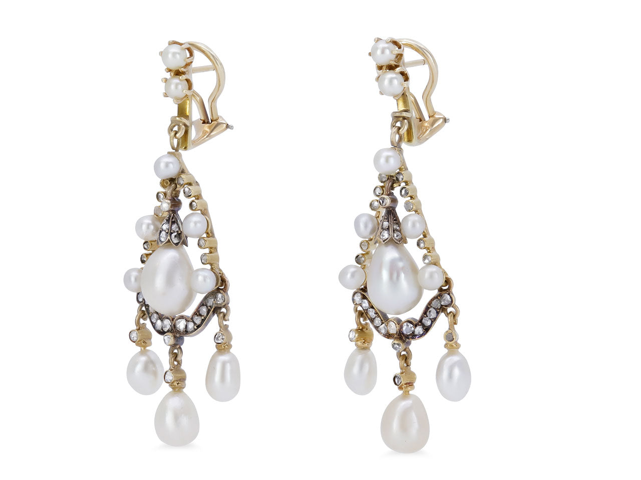 Antique Victorian Natural Pearl, Cultured Pearl and Diamond Earrings in Silver and Gold