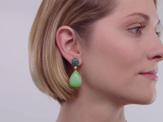 Black and Green Opal and Diamond Earrings in 18K White Gold