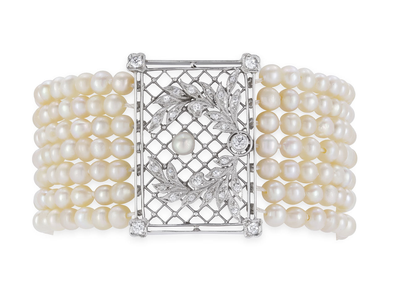 Antique Edwardian Natural and Cultured Pearl and Diamond Bracelet in Platinum and Gold