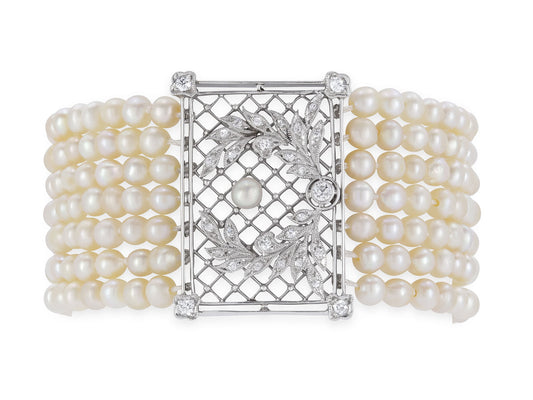 Antique Edwardian Natural and Cultured Pearl and Diamond Bracelet in Platinum and Gold