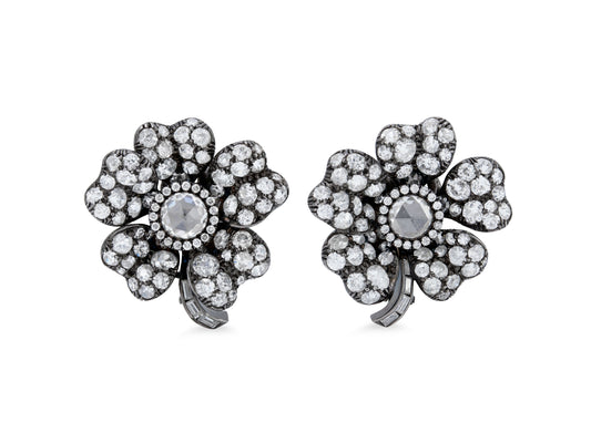 Diamond Flower Earrings in Blackened 18K Gold