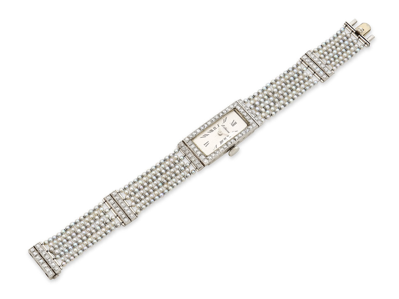Art Deco Diamond and Natural Seed Pearl Watch in Platinum
