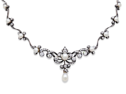 Antique Victorian Natural Pearl and Diamond Necklace