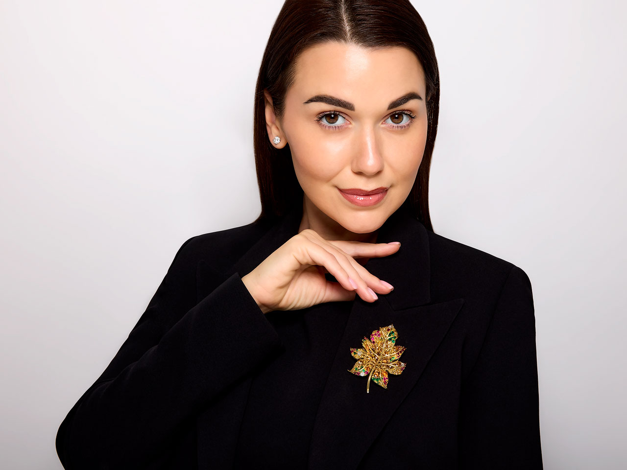 Friedrich Yellow, Brown and Orange Diamond, Emerald and Ruby 'Maple Leaf' Brooch in 18K