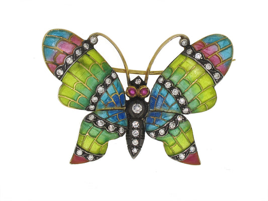 Mid-Century Diamond Plique-à-jour Butterfly Brooch in 18K