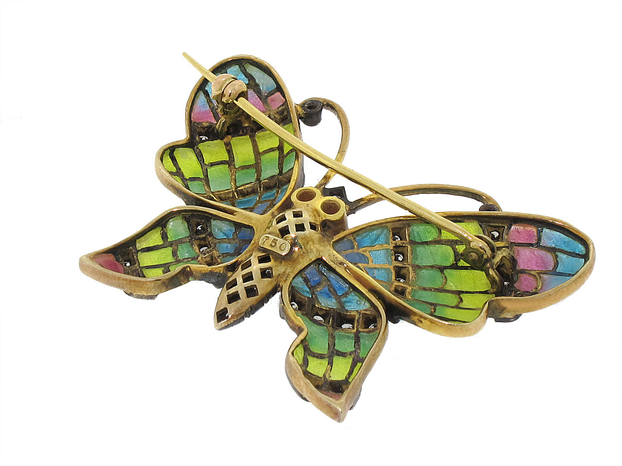 Mid-Century Diamond Plique-à-jour Butterfly Brooch in 18K