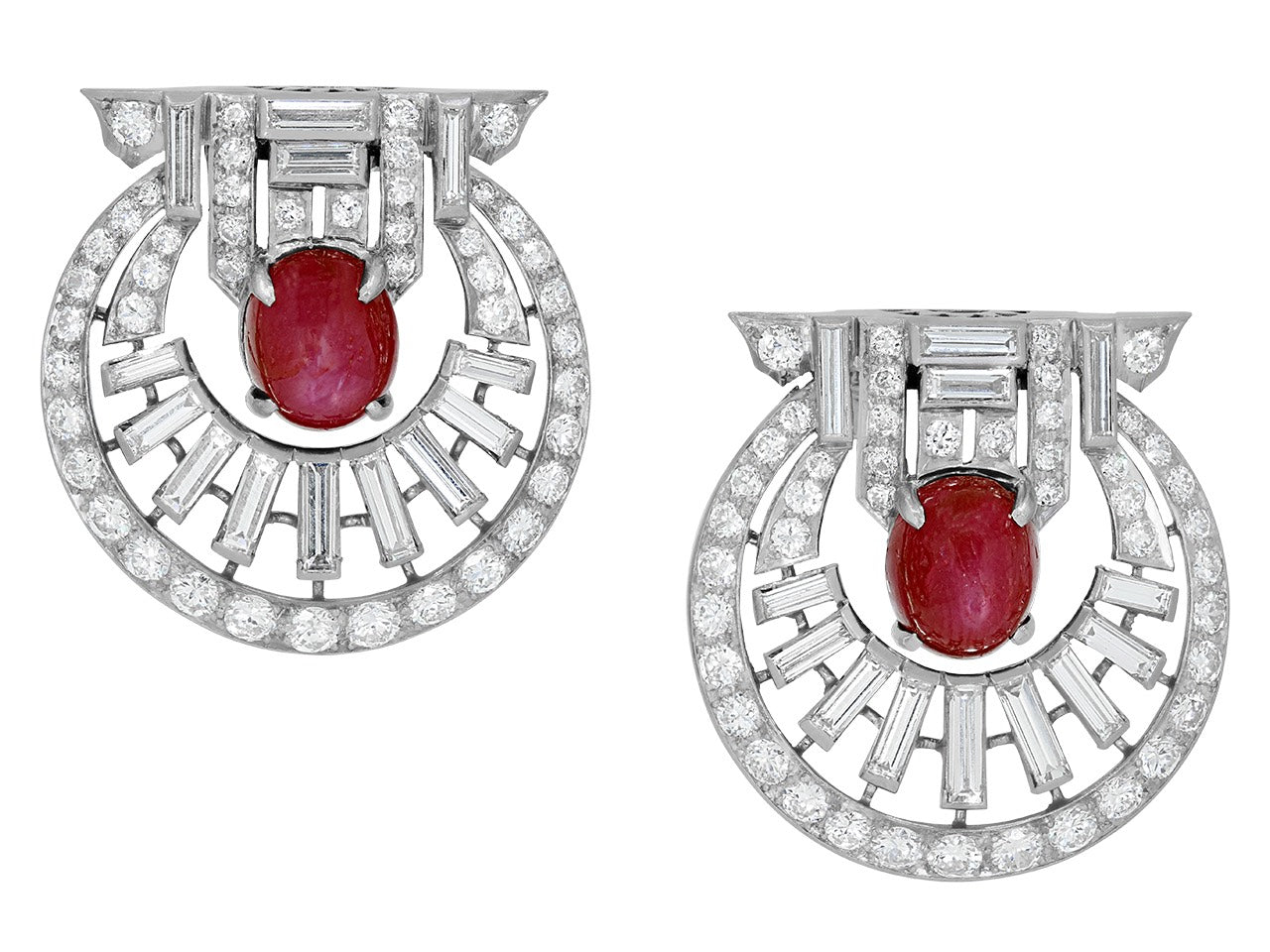 Art Deco Star Ruby and Diamond Double Clip Brooch in Platinum