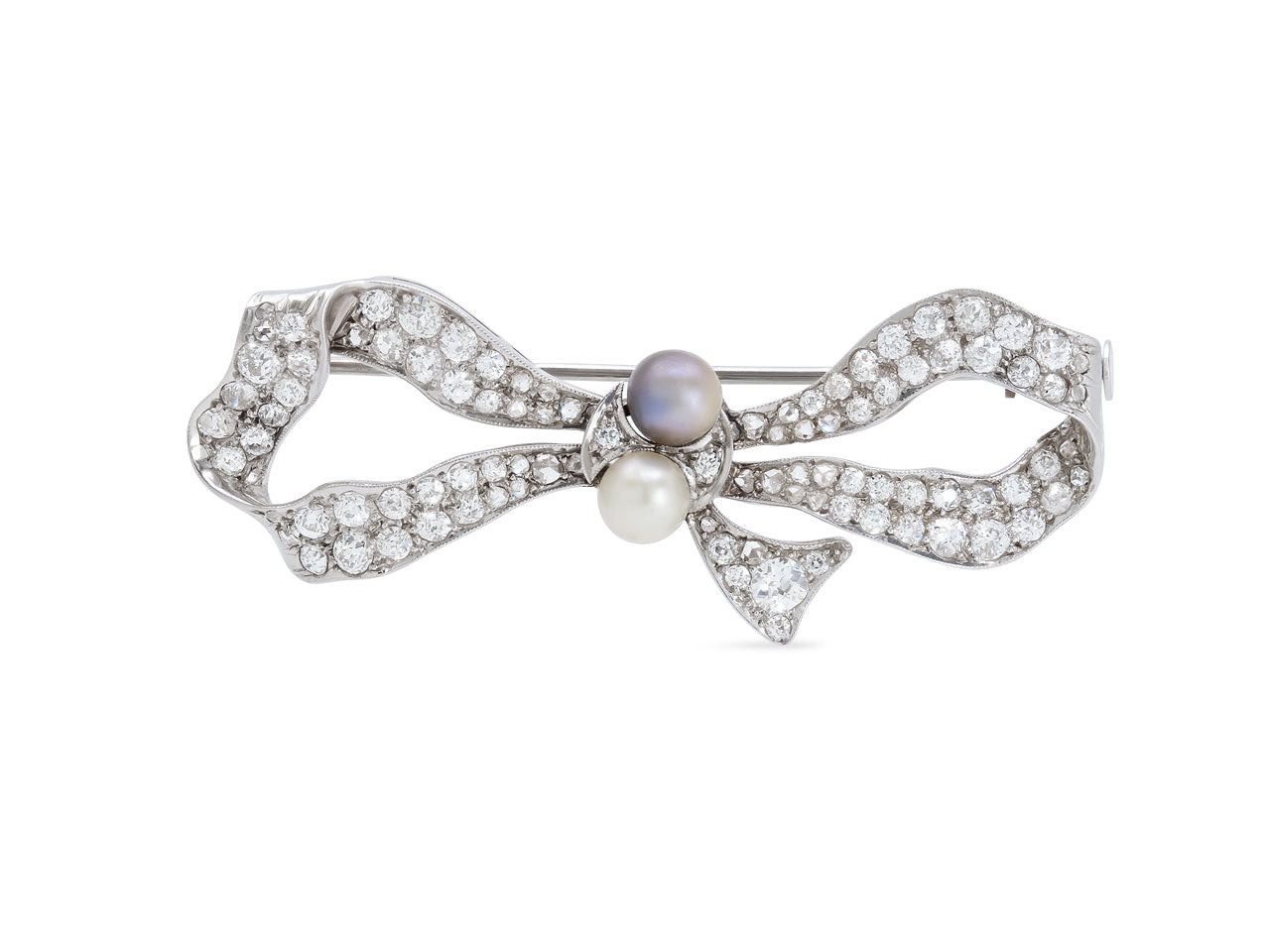 Antique Edwardian Diamond and Natural Pearl Bow Brooch in Platinum