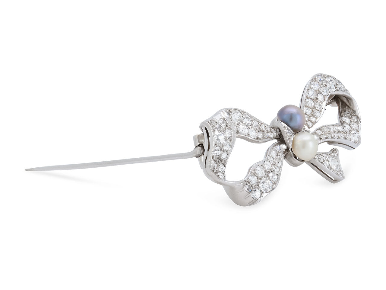 Antique Edwardian Diamond and Natural Pearl Bow Brooch in Platinum