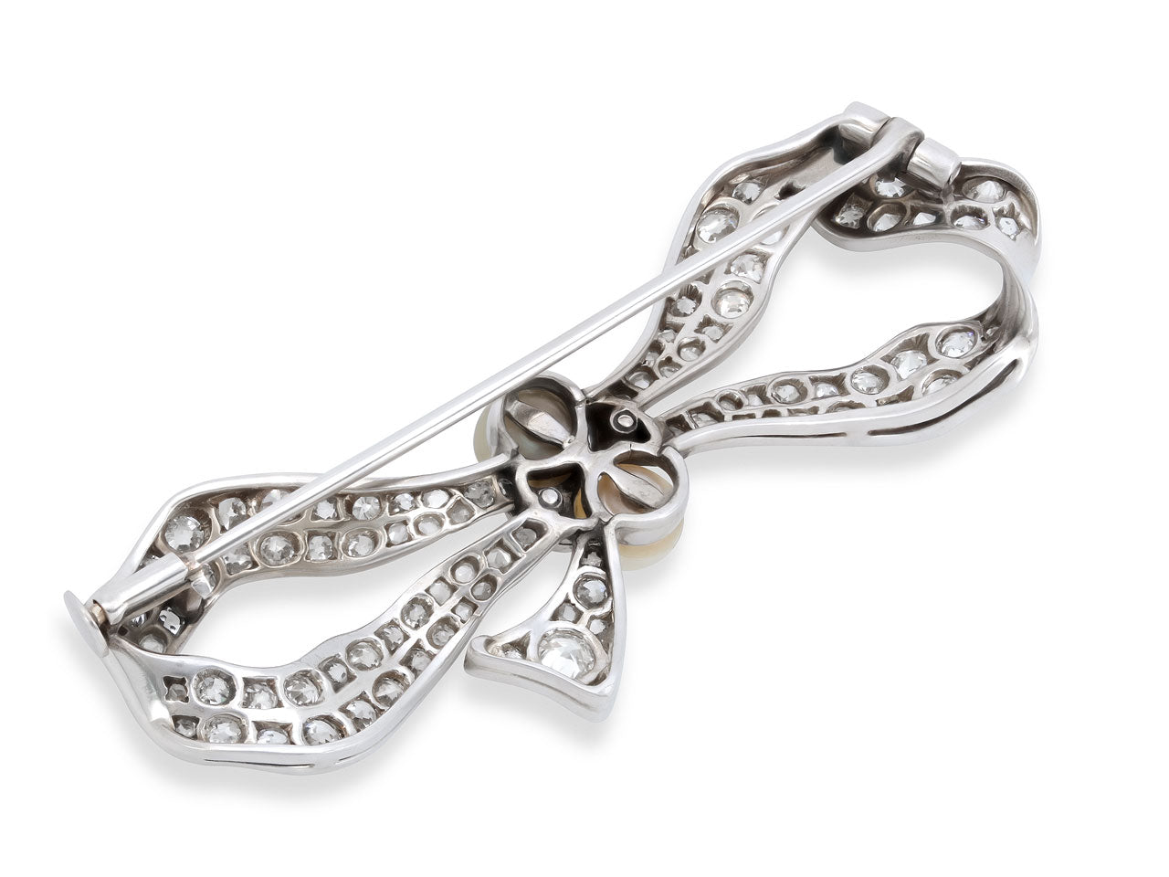 Antique Edwardian Diamond and Natural Pearl Bow Brooch in Platinum