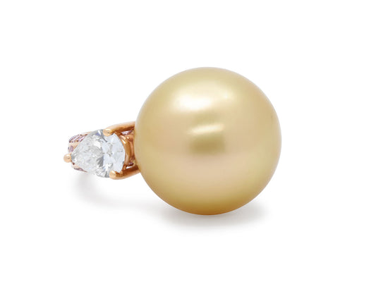 Gold South Sea Pearl and Pink and White Diamond Ring in 18K