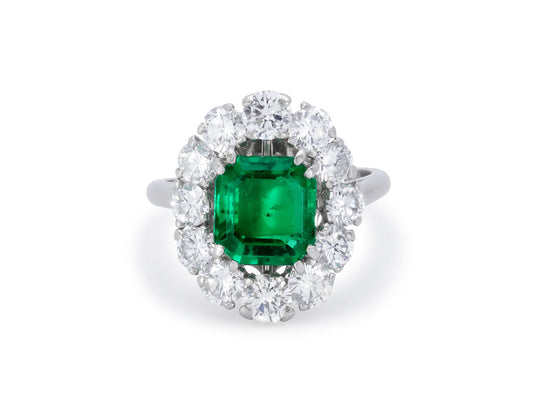 Mellerio dits Meller Mid-Century Emerald, Colombian, and Diamond Ring in Platinum