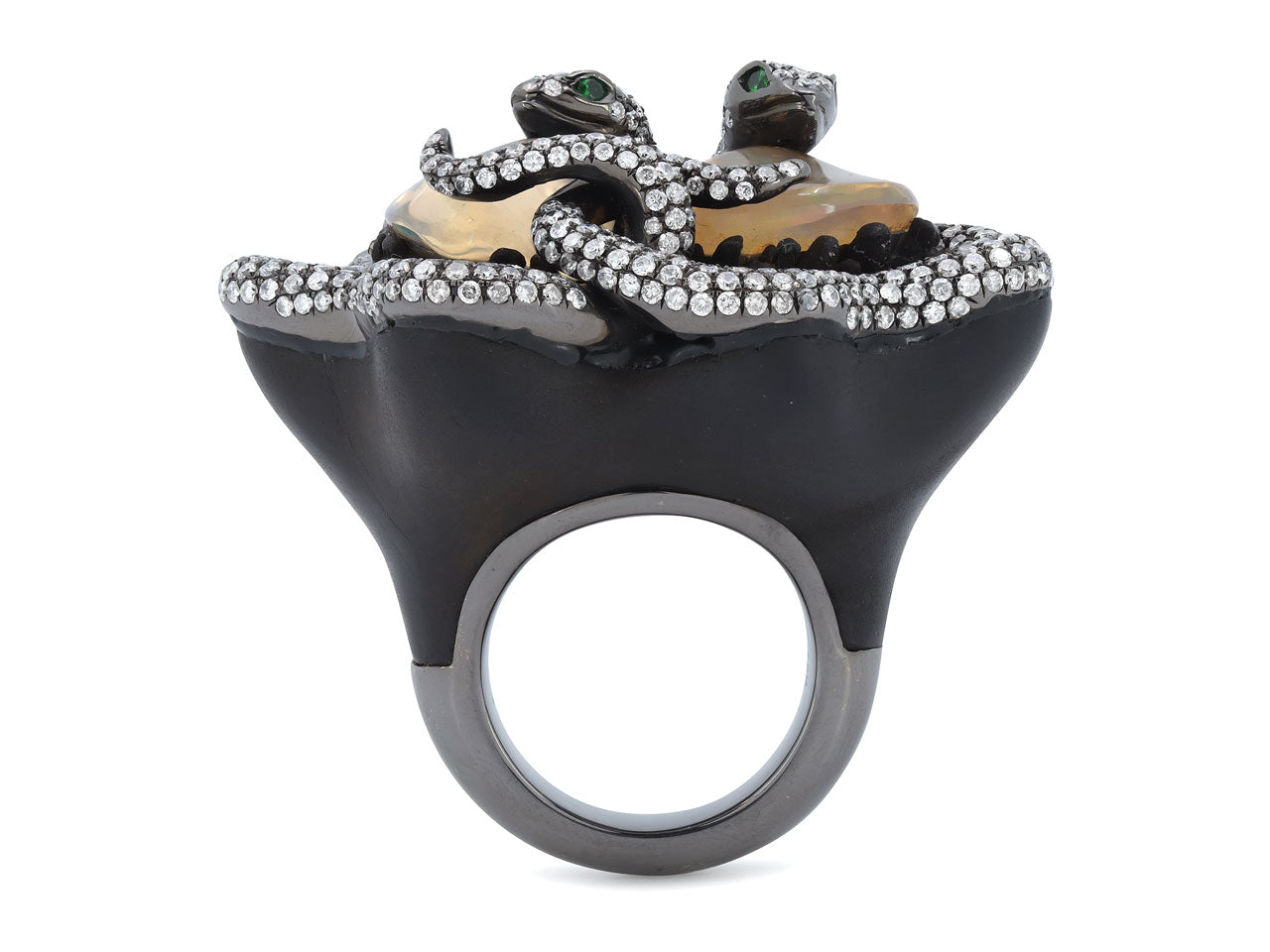 Dramatic Ebony Snake Ring with Mexican Opals and Diamonds in 18K