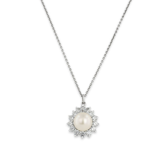 Cultured Pearl and Diamond Pendant in Platinum