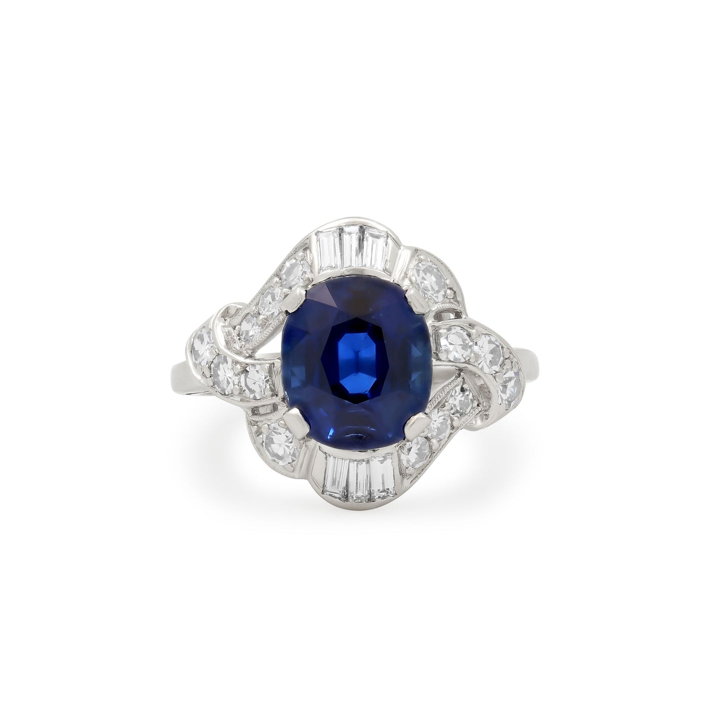 Mid-Century Cambodian No Heat Sapphire and Diamond Ring in Platinum