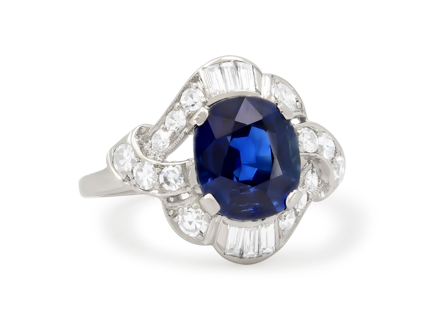 Mid-Century Cambodian No Heat Sapphire and Diamond Ring in Platinum