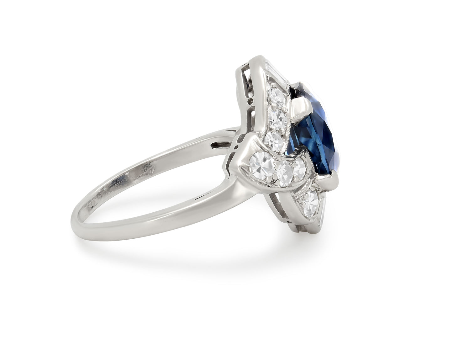 Mid-Century Cambodian No Heat Sapphire and Diamond Ring in Platinum