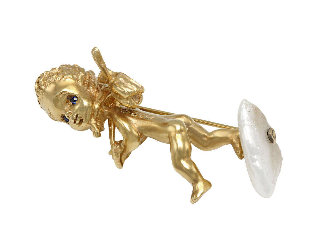 14K gold hitchhiking cherub brooch with freshwater pearl