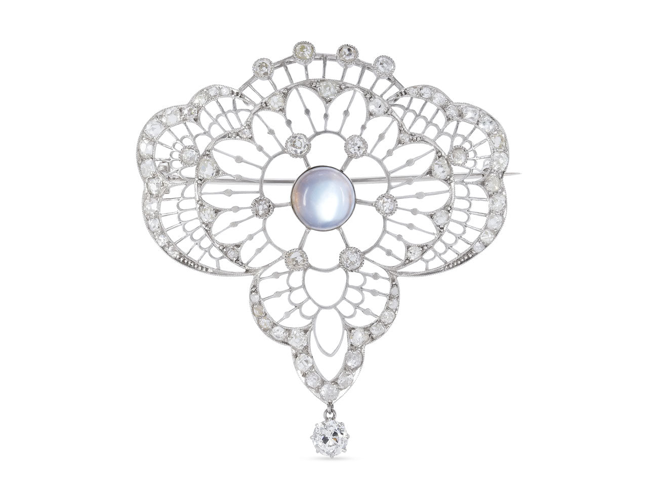 Antique Edwardian Moonstone and Diamond Brooch in Platinum