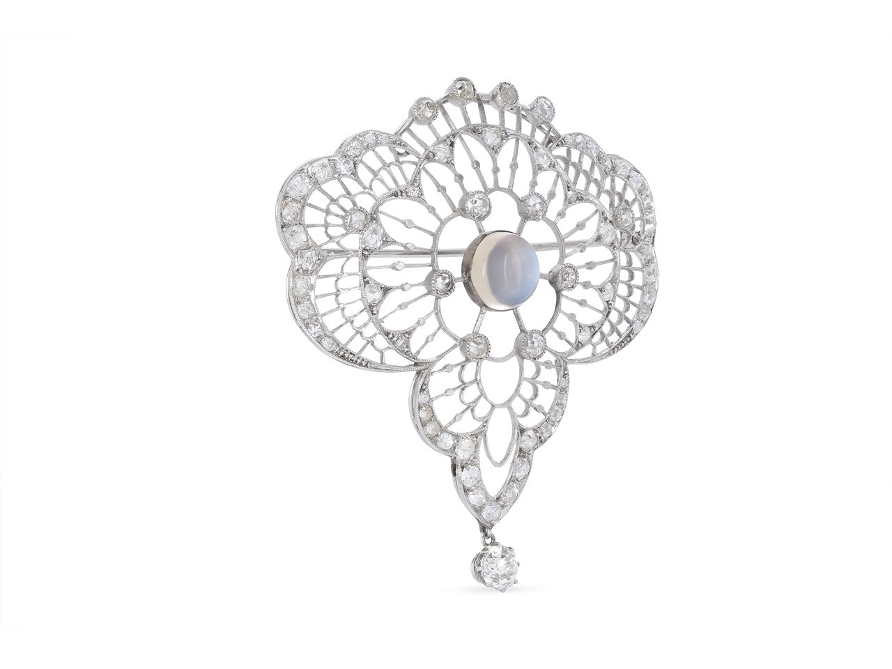 Antique Edwardian Moonstone and Diamond Brooch in Platinum