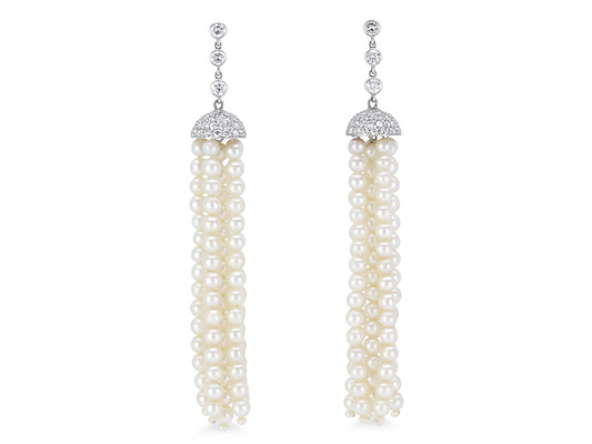 Beladora 'Reimagined' Pearl and Diamond Tassel Earrings in Platinum