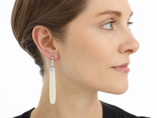Beladora 'Reimagined' Pearl and Diamond Tassel Earrings in Platinum
