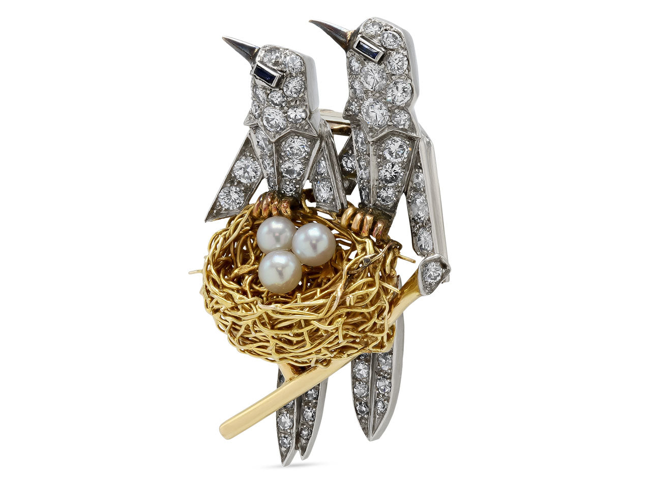 Mid-Century Diamond, Pearl and Sapphire Bird's Nest Brooch in Platinum and 18K Gold